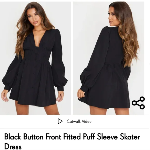 PrettyLittleThing | Dresses | Pretty Little Thing Black Button Front Fitted  Puff Sleeve Skater Dress | Poshmark